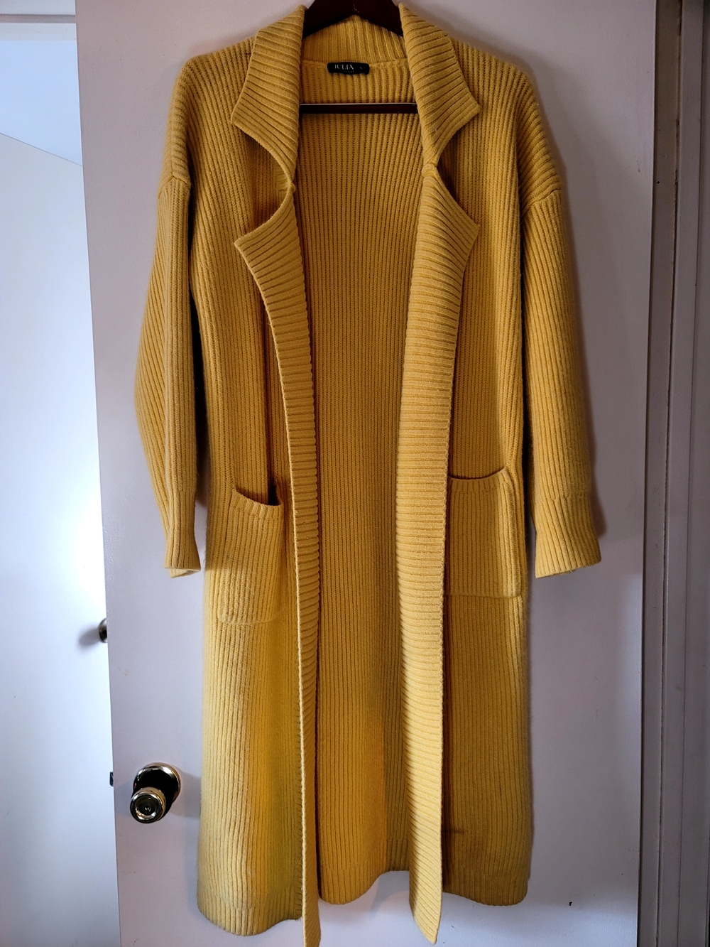JULIA by love J. Ribbed Maxi Open-Front Cardigan in Mustard With Pockets
